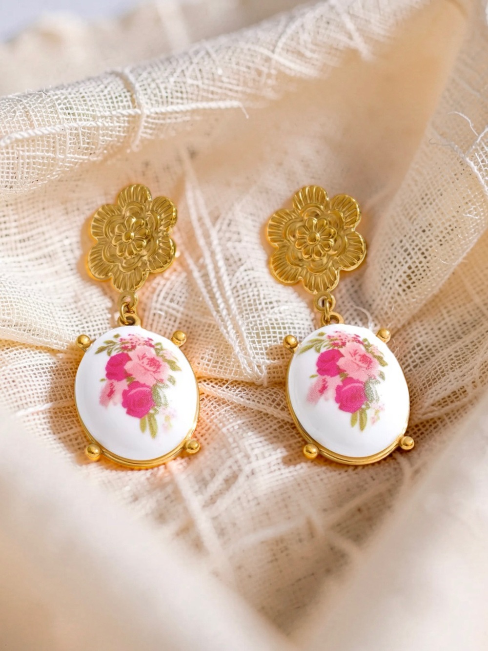 Gold Plated Floral Drop Earrings with Pink Rose Motif